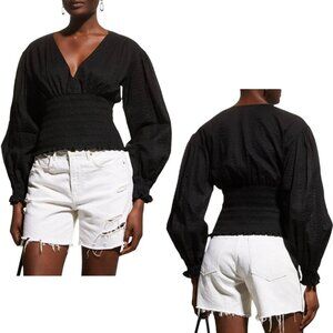 Frame - Women’s V-Neck Smocked Top, Long-Sleeve Blouse, Seersucker - Black Small